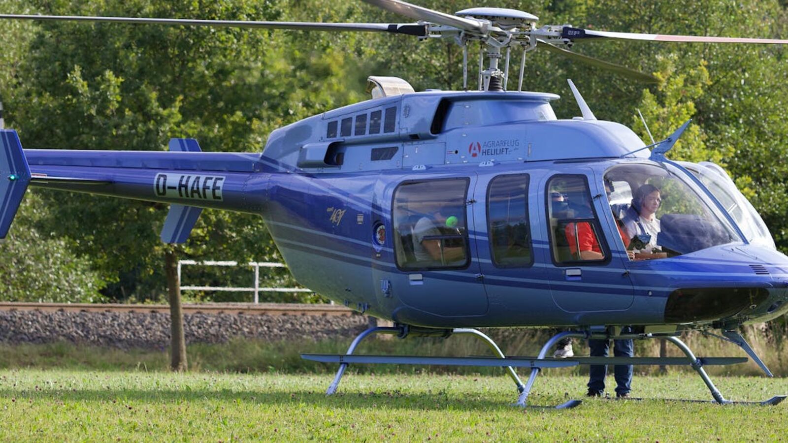 A blue helicopter parked on a green field with a person nearby, outdoors.
